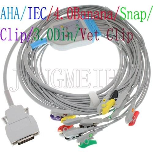 Compatible MORTARA ELI 50 100 200 ECG EKG 10-Lead cable with 3.0DIN/4.0Banana/Snap/Clip/Animal Vet Alligator clip leadwire