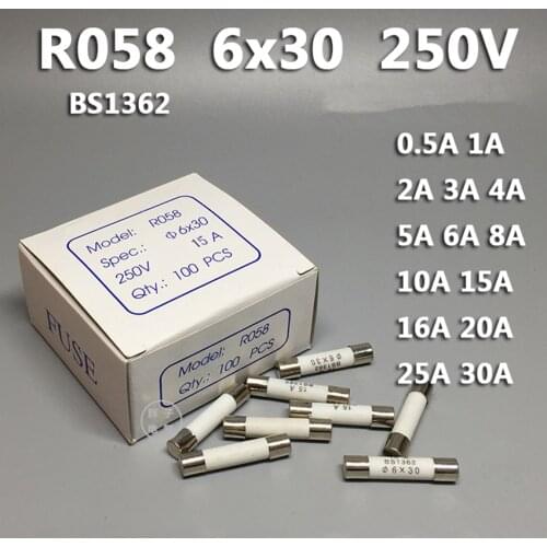 100Pcs RO58 6*30mm Fast blow Ceramic Fuse 6x30mm 250V 0.5A 1A 2A 3A 4A 5A 6A 8A 10A 13A 15A 16A 20A 25A 30A