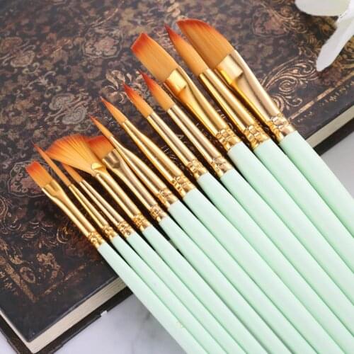 12 Pcs Artist Paint Brush Set Nylon Hair Watercolor Acrylic Oil Painting Supply