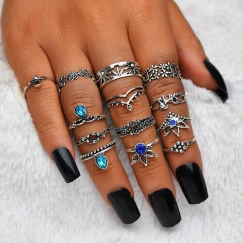 13 Piece Rings for Women Retro Water Drop Crystal Pony Openwork Ring Set Bohemia Carved Animal Rings Women Jewelry Wholesale
