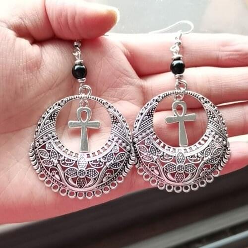 Ankh Mandala Earrings - egyptian vampire occult gothic ankh symbol earrings