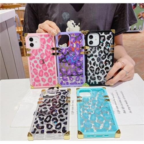 Square Leopard Glitter Phone Case For iphone 11 12 Mini Pro XS Max X XR 7 8 Plus SE 2020 Luxury Silicone Soft Back Cover