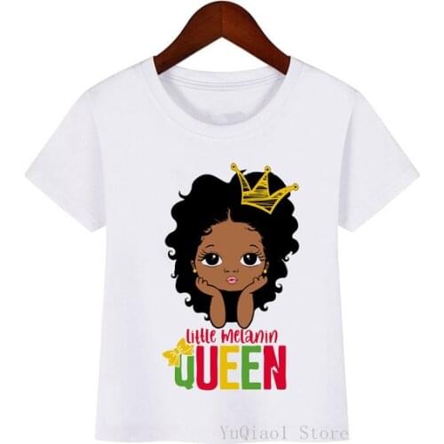 Afro puff hair little melanin queen with crown printed black girl t-shirt summer cute kids clothes spring autumn basic tshirt