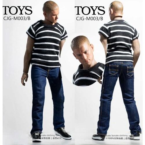 CJG-M003 1/6 Male Figure Accessory Stripe Knitted short-sleeved T-shirt Clothes Suit Jeans Model for 12 inches Action Figure