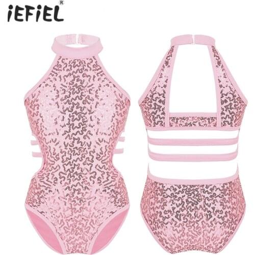 Kids Girls Ballet Costumes Gymnastics Leotard Sleeveless Sparkly Sequins Cutouts Back Ballet Dance Dress Kids Jumpsuit Dancewear