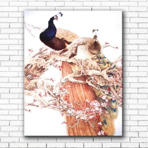 Chinese style classical tow peacock landscape canvas printings oil painting printed on canvas home wall art decoration picture
