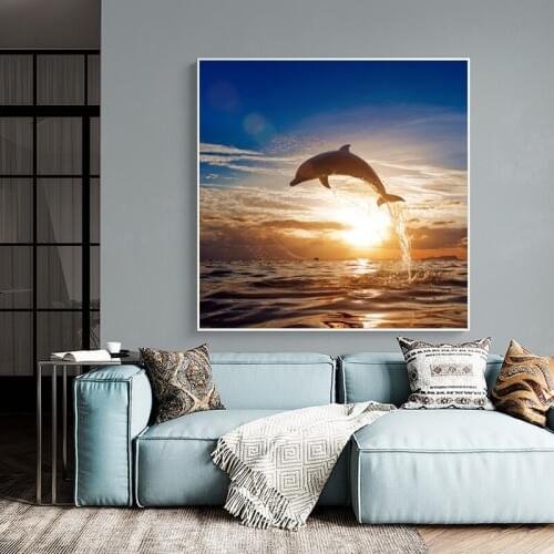 Dolphin Jumping Out of Water Art Canvas Painting Sunset Landscape Posters and Prints Wall Art Picture for Living Room Home Decor