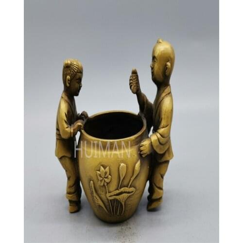 China Brass Statue Luck Wealth Child Embrace Jar Metal Crafts Home Decoration