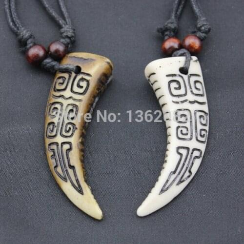 Cool boy mens imitation Yak Bone Carved Pendant Wolf Tooth Necklace Amulet Tooth Adjustable Rope Gift MN164