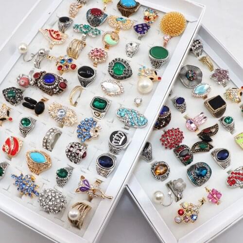 Fashion 50pcs/Lots Retro Womens Metal Rhinestone Stone Mix Style Wedding Party Gifts Jewelry Rings With Display Box