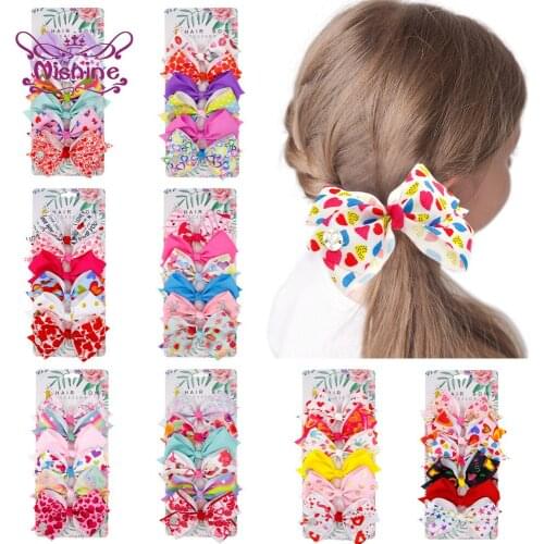 Nishine 6pcs/lot Colorful Heart-shaped Pattern Print Bowknot Toddler Duckbill Clips Fashion Grosgrain Ribbon Bows Infant Hairpin