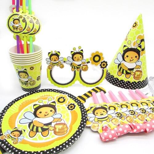 36pcs/set Cartoon Honey Bee Disposable Tableware Paper Kids Birthday Party Supplies Hat Cups Plates Baby Shower Decorations