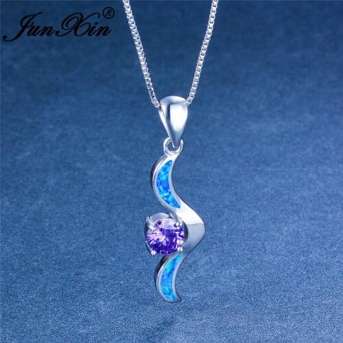 JUNXIN Cute Angel Wings Pendant Blue White Fire Opal Necklaces For Women Silver Color Round Purple Zircon Wedding Necklace