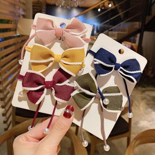 France Style Sweet Lovely Fabric Bowknot Pearl Decor Hair Band Princess Hair Rope Hair Rings High Elastic Hair Accessories Girls