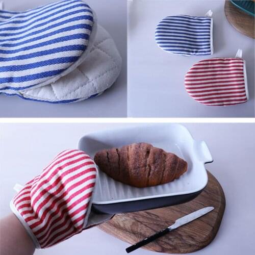 FunPa Kitchen Oven Mittens Stripe Heatproof Non-Slip Cotton Linen Kitchen Mittens Baking Mitts Baking Anti-Hot Gloves Pad