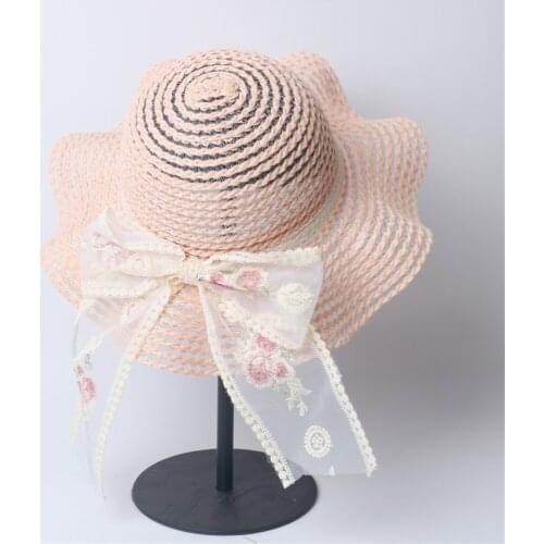 Summer Childrens Straw Hats Baby Girls Breathable Lace Cap Bow Beach Sun Hat Wide Brim Kids Princess Travel Sunshade Hat