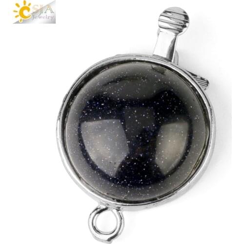 CSJA Natural Stone Blue Sand Connector Dome Round Cabochon Single Buckle Silver Color Metal Accessories for Jewelry Making G221