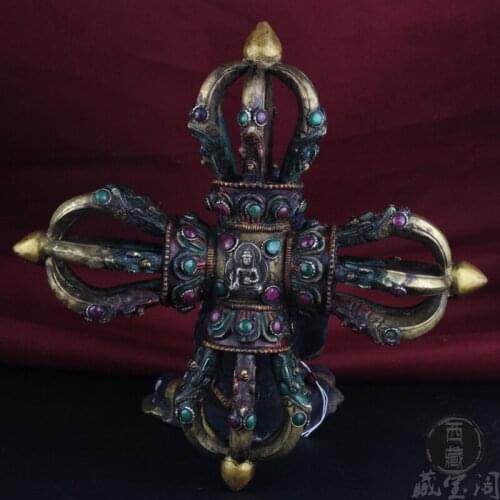 Tibetan tantra multiplier manual pure copper inlaid gems of Buddha dorje cross nine stocks just drop the magic pestle