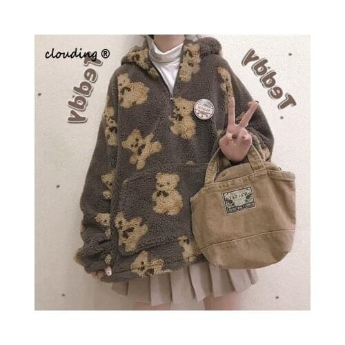 2021 Kawaii Faux Fur Hoodie Women Korean Cute Bear Graphic Soft Over Size Coat Zipper Thickened Warm Hoodies With Pocket