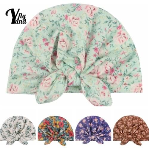 Yundfly Vintage Flowers Pattern Bunny Ears Baby Turban Hat Fashion Print Knotted Newborn Beanie Caps Hair Accessories Kids Gift