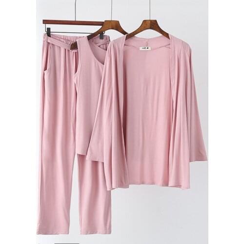 Cotton 3 Pieces Pajamas Set For Women Round-neck Long Sleeve And Pants Winter Soft Thin Loose Female Sleepwear Home Clothes Suit