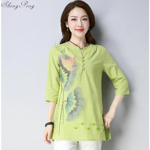 Women Chinese Traditional Dress Style Hanfu Long Sleeve Tang Suit Cheongsam Shirts Jacquard Cotton Blouses V1889