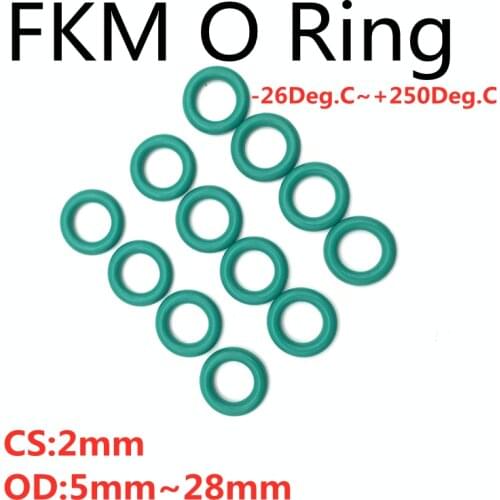 50pcs (CS 2mm OD 5~28mm) Green FKM Fluorine Rubber O Ring Sealing Gasket Insulation Oil High Temperature Resistance Green