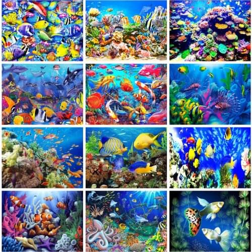 Huacan 5d Diamond Painting Full Drill Square Fish Handmade Gift Ocean Animal Mosaic Embroidery Cross Stitch Wall Stickers