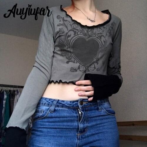 Auyiufar Fairy Grunge Heart Print Ruffles Trim Crop Tops Patchwork Y2k Retro Long Sleeve Tees Goblincore Fashion Women T Shirts