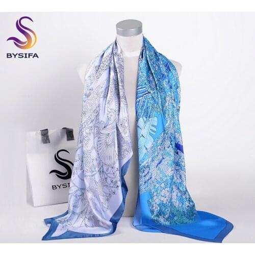 [BYSIFA] Women Grey Blue Satin Silk Scarf Kerchief 130*130cm Luxury Brand Head Scarf Top Grade Ladies Large Square Scarves Shawl
