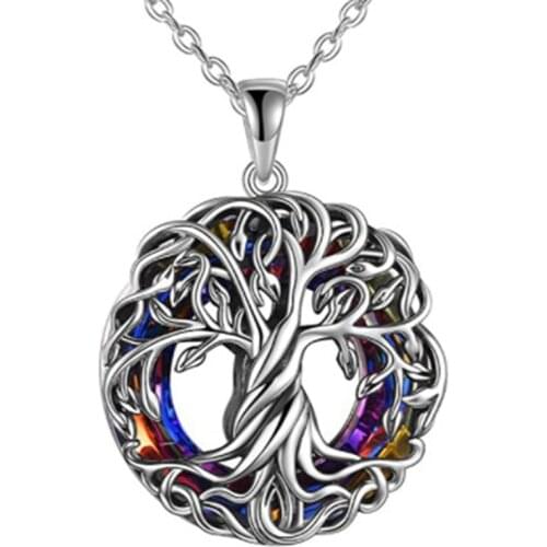 Tree of Life Cremation Urn Necklace Keepsake Ashes Hair Memorial Locket With Volcano Circle Crystal Pendant Necklace Jewelry