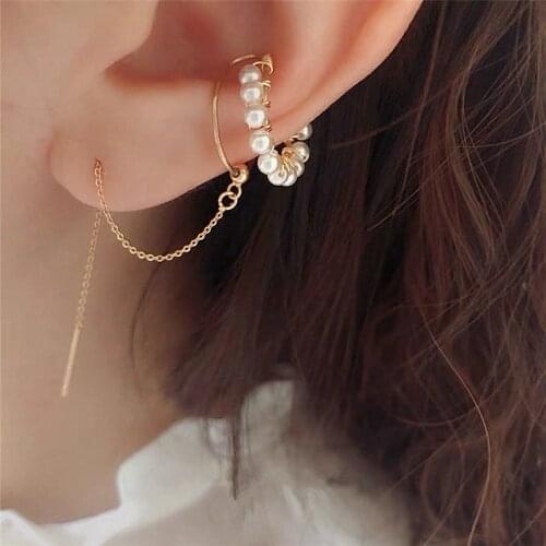 Double Layered Circle Faux Pearls Earrings Elegant Tassel Chain Ear Line Jewelry For Women Girls Geometry Piercing Earrings