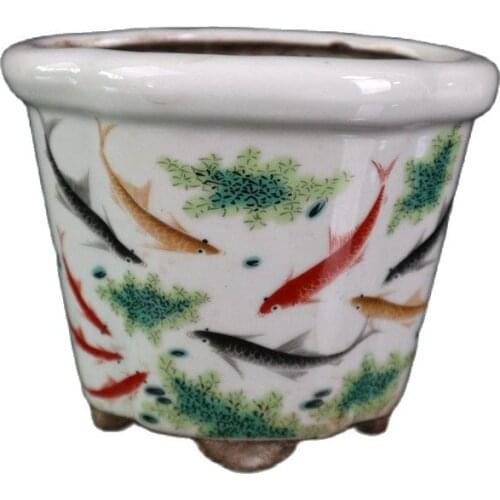 Chinese Old Porcelain Pink Fish Fun Pattern Plum Flower Pot