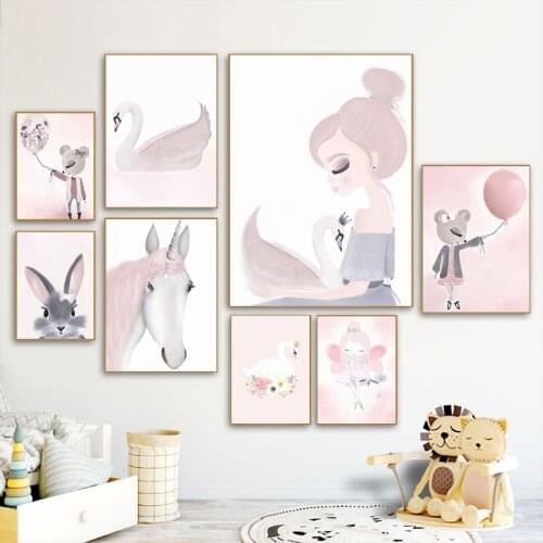 Cartoon Girls Fairy Swan Nursery Posters Cute Bunny Canvas Painting Baby Wall Art Pictures Nordic Kids Bedroom Home Decoration