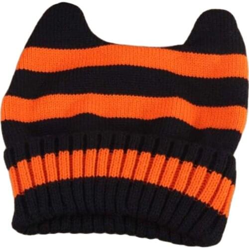 XEONGKVI Korean Lovely Ears Stripe Knitted Cap Autumn Winter Warm For Women Skullies Beanies Devil Horns Pompom
