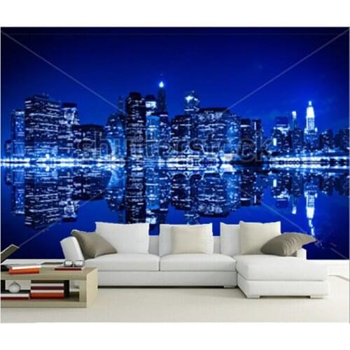 Custom 3D murals,New York at night with reflection in water with blue hue , living room sofa TV wall children bedroom wall paper