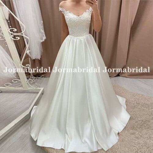 Sheer Scoop Neckline Wedding Dress With Cap Sleeves Satin A-Line Bridal Gowns Custom Vintage Appliques Bride Dress Vestido Mujer