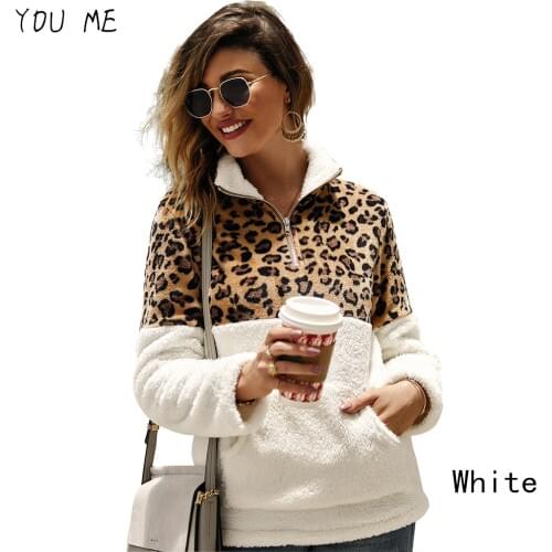 New Winter Fleece Sweater Fashion Leopard Patchwork Fluffy Thick Sweaters Warm Zipper Pullovers Women Winter Coat Sherpa Tops