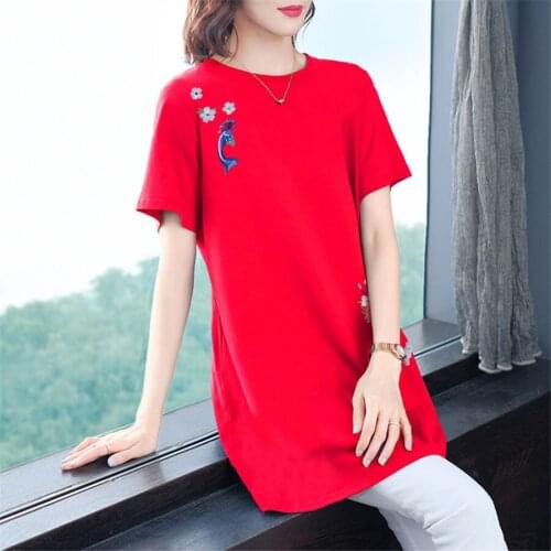 Plus size floral Embroidered cotton women Tshirts 2021 Summer O-Neck ladies tees female t shirt short sleeve t-shirts top