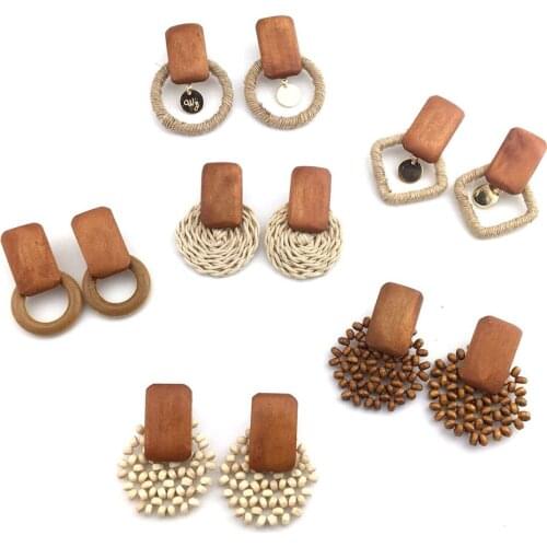 New Handmade Wooden Straw Weave Rattan Earring Brown Braid Geometric Big Round Drop Earrings For Women Jewelry