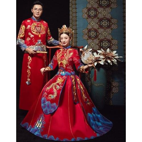 Chinese Traditional Bride Groom Clothing Wedding Dress Female Dragon Gown Slim Cheongsam Asia Married Evening Gowns