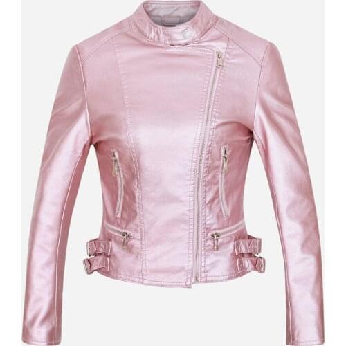 Women faux leather jacket Metel color Pink Red black Silver Elbow patchwork Adjusted waist Back Pattern S-XL short Pu coat 17Dec