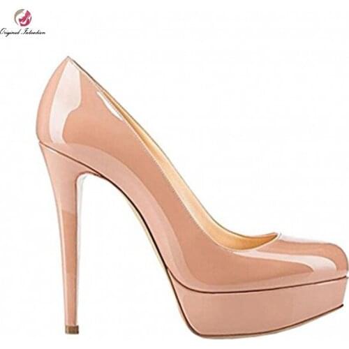 Women Shoes Apricot Patent Leather Pumps Fashion Platform Round Toe Super High Thin High Heels Party Wedding Shoes Plus Size 45