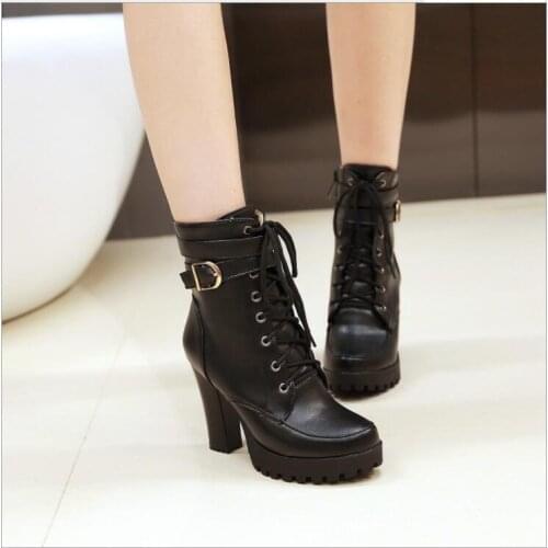New White Black Genuine Leather Ankle Boots Women Autumn Winter Round Toe Lace Up Shoes Woman Fashion Motorcycle Platform Botas