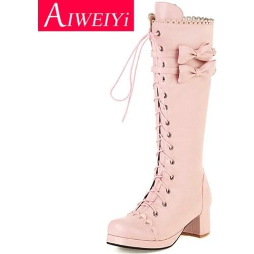 Woman Lolita Boots Black Pink Square High Heels Lace Up Platform Autumn Winter Thigh High Boots Comfort Shoes Woman