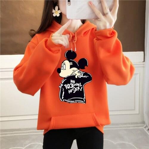 Disney Mickey Fashion Autumn Plus velvet Women Cartoon Printed Loose Korean Hooded Sweatshirt Streetwear Long Sleeve Pullovers