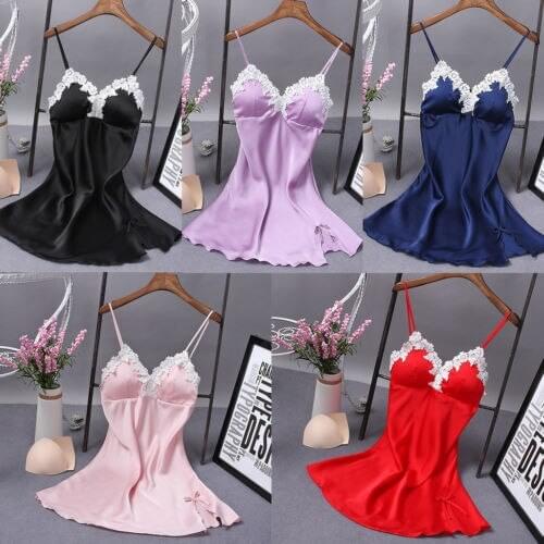 Hot Summer Women Silk Suspender Robe Dress Babydoll Nightdress Solid V-neck Lace Sexy Lingerie Sleepwear