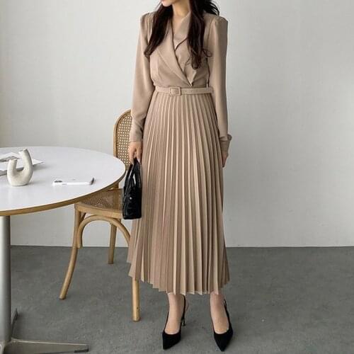 2021 Autumn New Long Sleeve Pleated Dress Women Blazer Dress with Belt Solid Chic Office Ladies High Waist Long Chiffon Dress