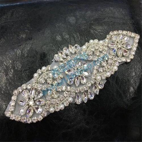 1 pc Hot fix Beaded silver white flatback pearl beads wedding dress belt rhinestone applique RH34