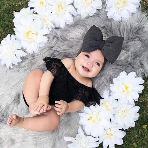 Free shipping Sweet Newborn Kids Baby Girls Clothes sleeveless Ruffle Lace Off Shoulder Bodysuit bow Headband 2pc Summer Outfits
